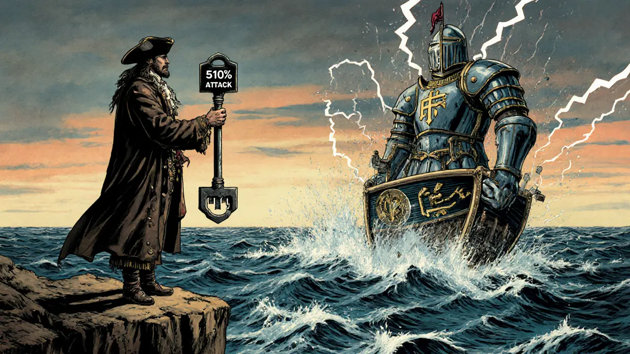 A pirate with a &#039;51% Attack&#039; key faces a knight made of ASIC chips, as his ship sinks in transaction waves.