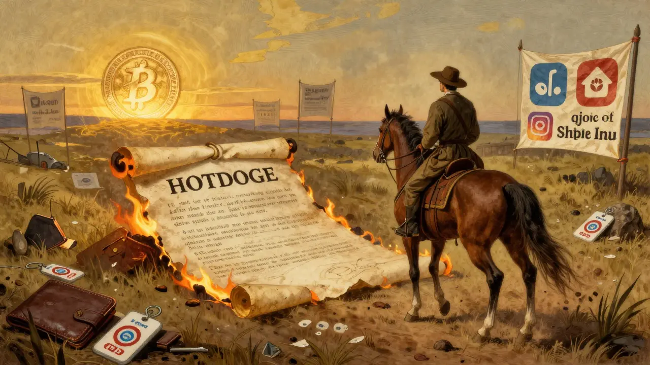 A rider departs from a burning token contract as ruined crypto relics lie behind, with distant legitimate projects glowing on the horizon.