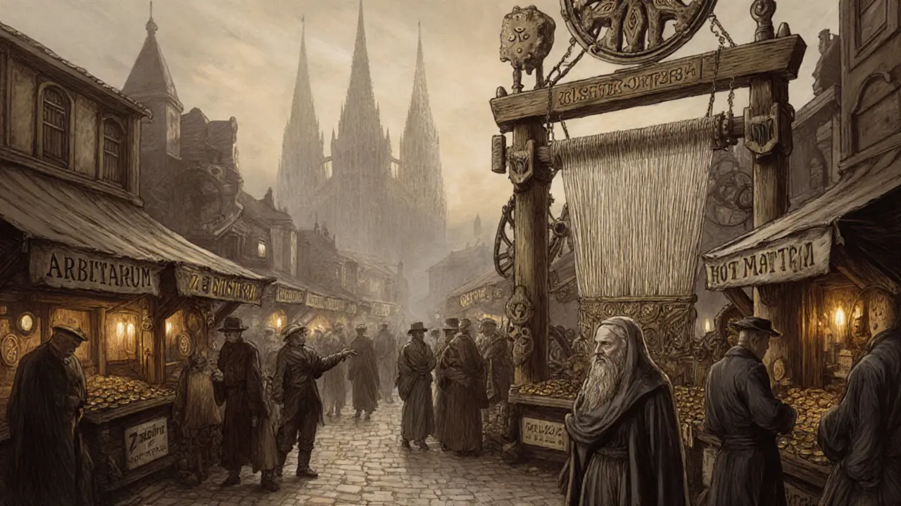 A Victorian-era marketplace with merchants trading on Layer 2 rollups, connected by a mechanical tapestry to Ethereum.