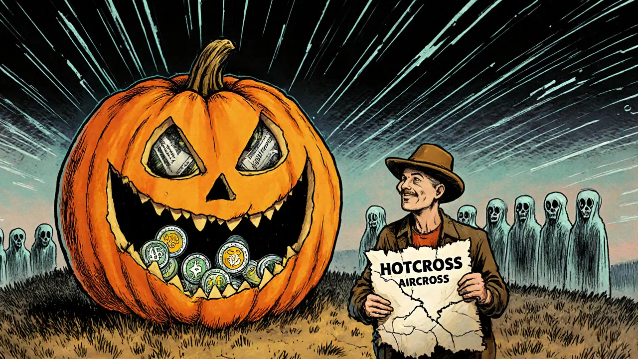 An explorer faces a phishing jack-o&#039;-lantern devouring crypto tokens, surrounded by hollow wallet-wraiths.