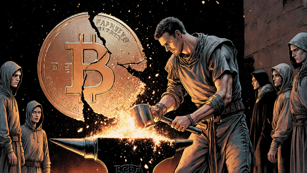 Blacksmith forging a new quantum-resistant coin as an old ECDSA coin crumbles into dust.