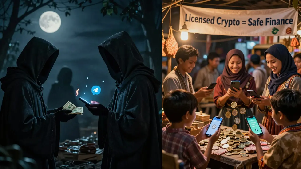 Contrasting scenes: shadowy crypto traders at night versus villagers using Bakong to pay in a bright, regulated marketplace.
