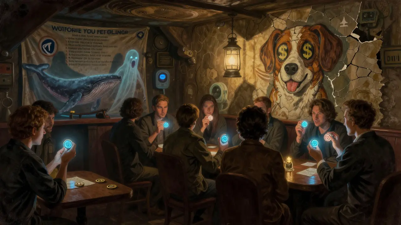 Gamblers in a dark room whisper over glowing HOTDOGE tokens with zero trading volumes on flickering screens.