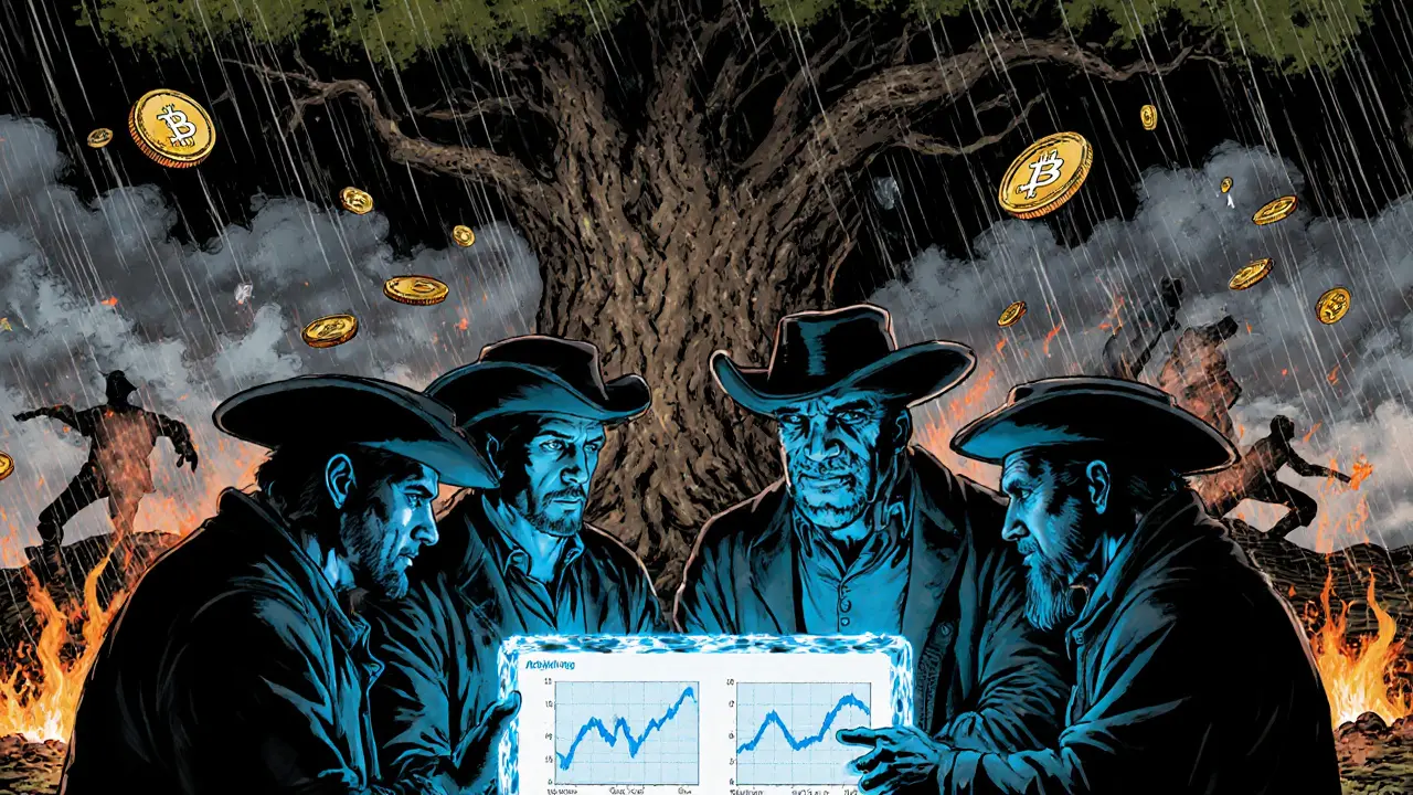 Miners gather around a glowing hash rate tablet, protected by a blockchain oak tree amid financial chaos.