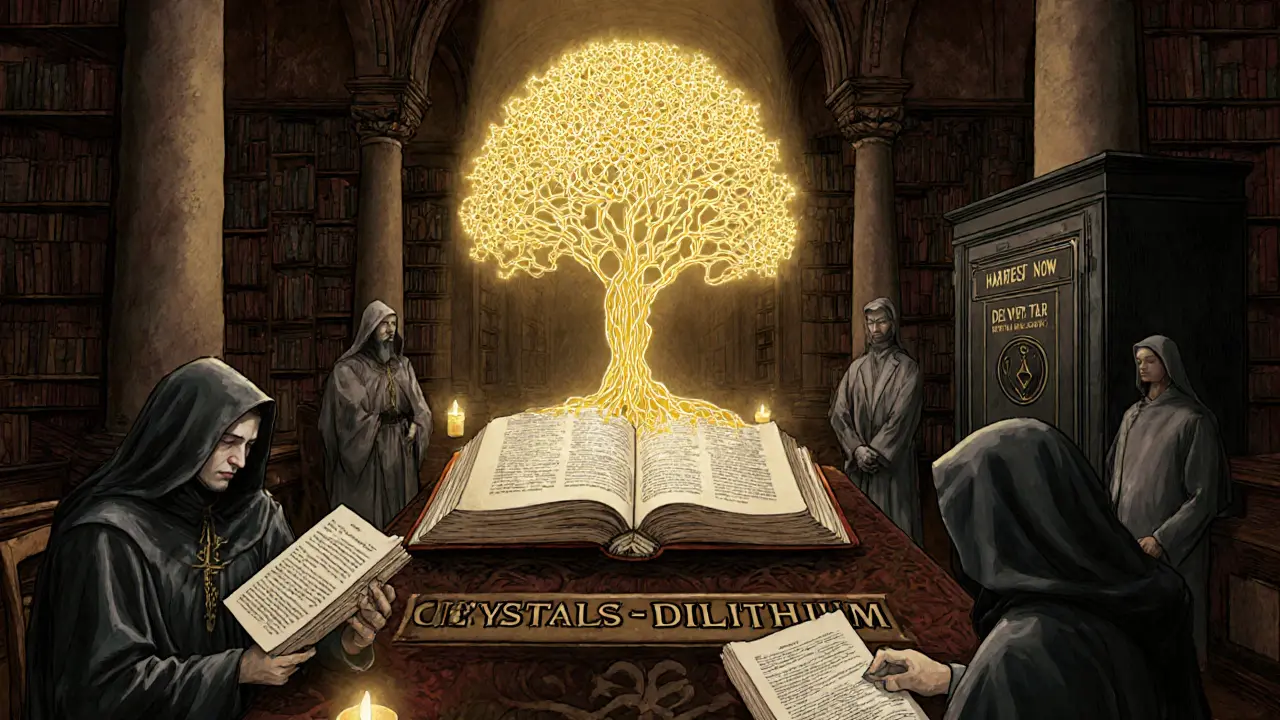 Scholars in a library studying Bitcoin scrolls while a glowing lattice cipher protects the room.