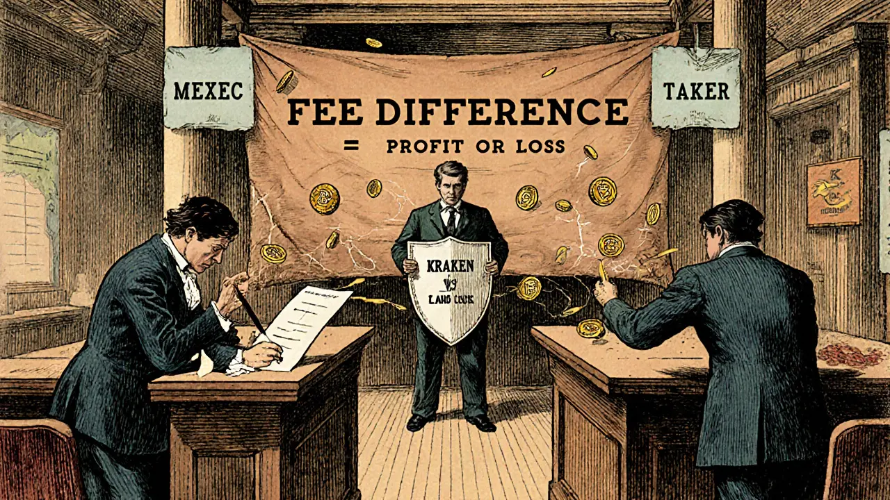 Two figures on a trading floor: one placing a limit order, the other a market order, with fee differences displayed on a sign.