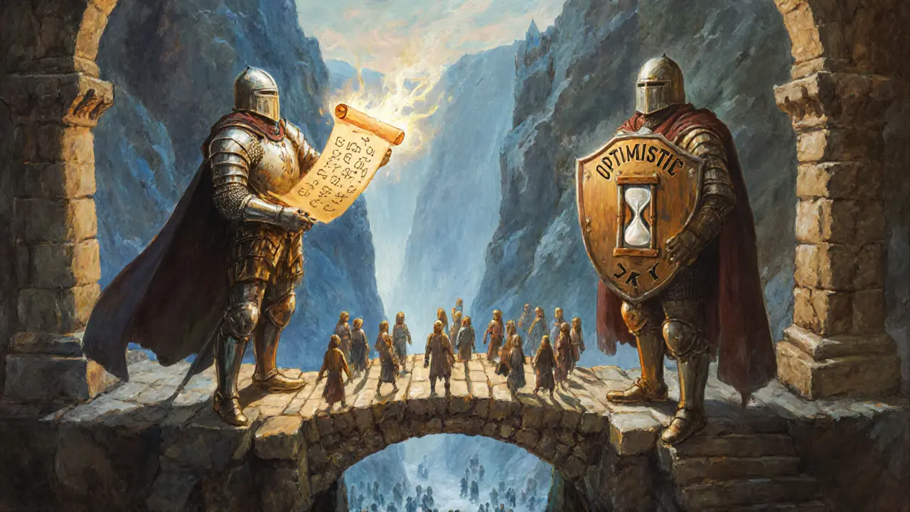 Two knights representing ZK and Optimistic rollups stand across a chasm, with users crossing a data bridge below.