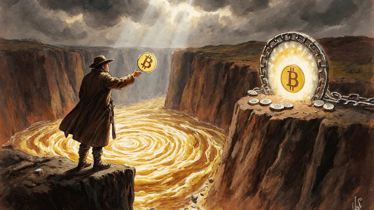 A Bitcoin holder sending real BTC across a chasm, with wrapped tokens crumbling as true BTC emerges on the other side.