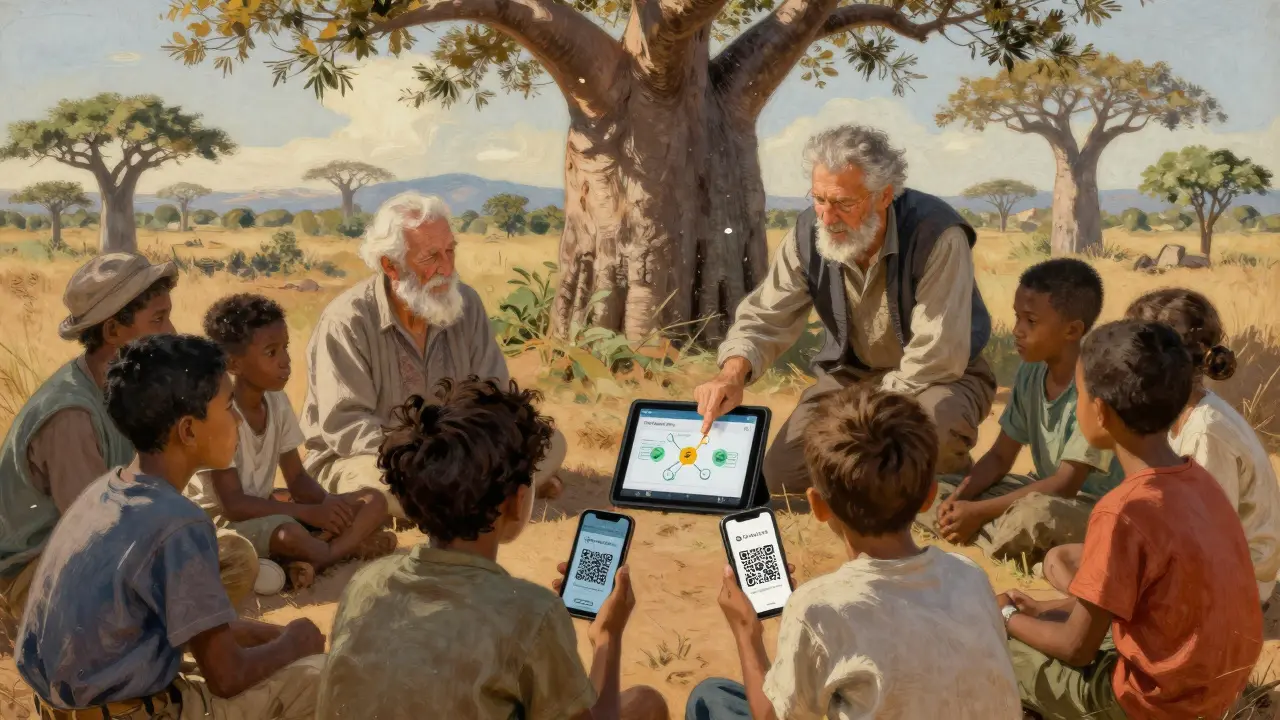 A community learns about crypto under a baobab tree, with elders and youth gathered around a tablet showing a digital wallet.
