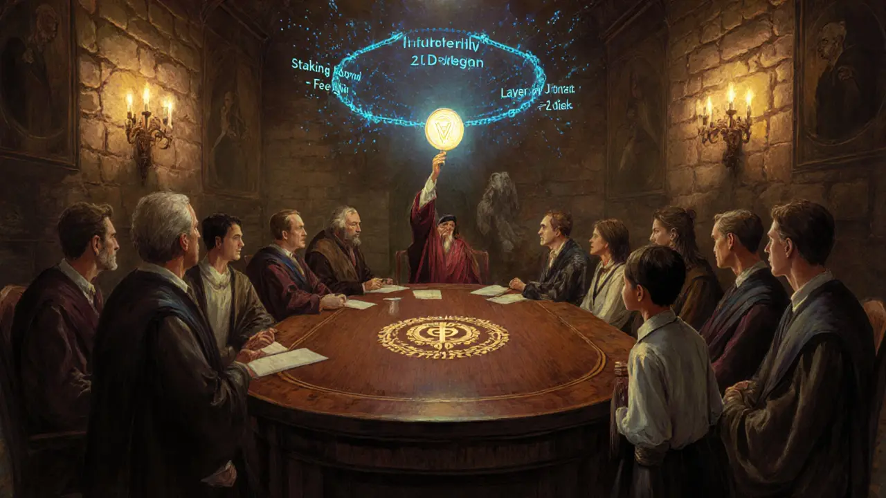 A council of figures in historic-modern attire debate around a table with holographic VSN tokenomics floating above.