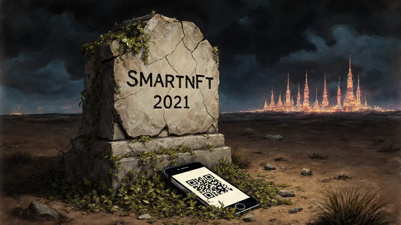A crumbling monument labeled SMARTNFT with a broken phone buried beneath it.