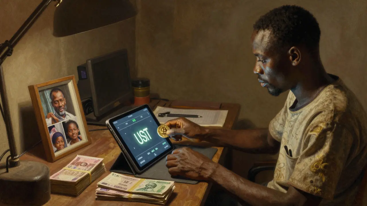 A freelance worker in Lagos receives Bitcoin payment as naira bills lose value beside them at night.