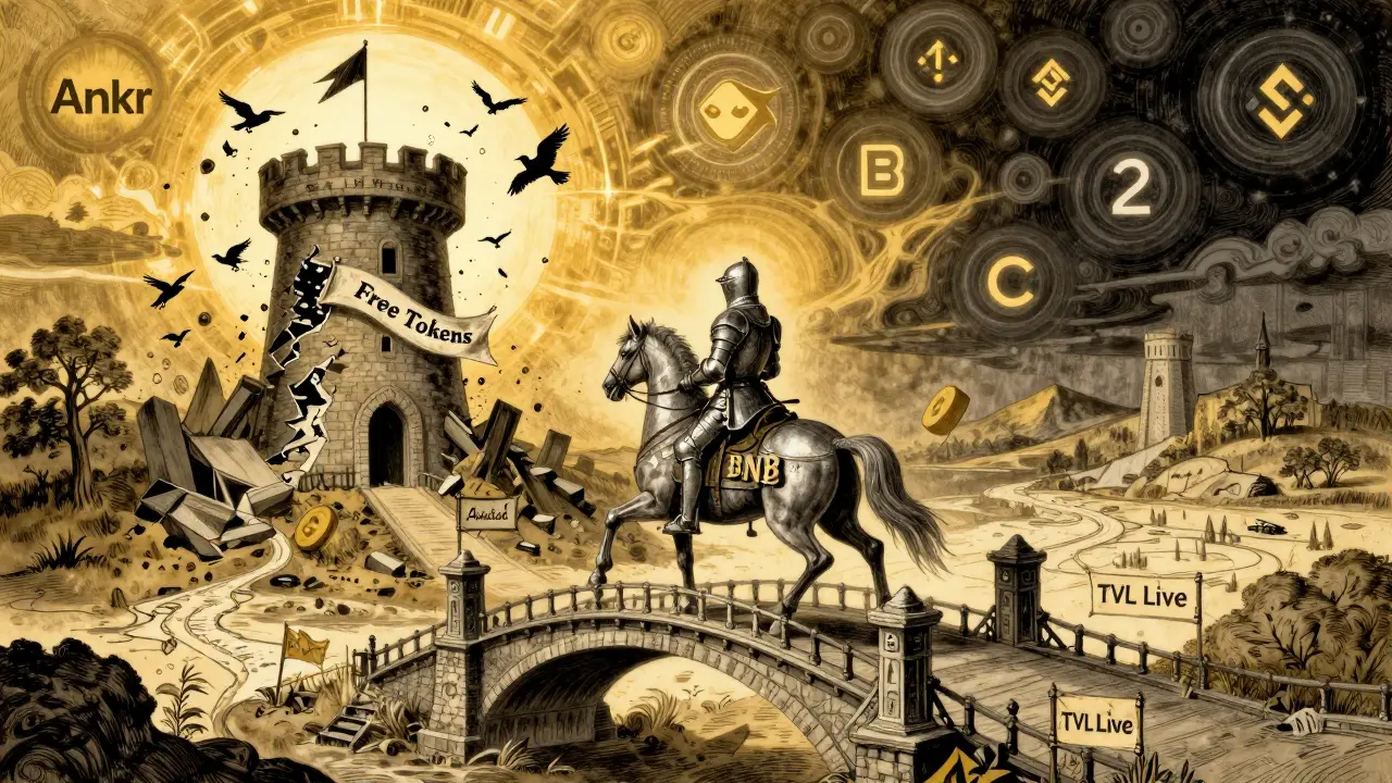 A knight rides to safety past verified protocols as a fake project collapses behind him in a stylized frontier landscape.