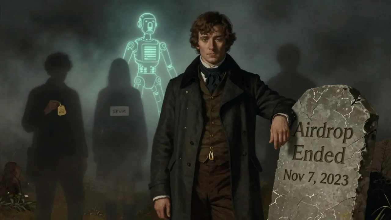 A lone explorer stands before a stone tablet marking the end of an airdrop, with ghostly participants fading into mist.