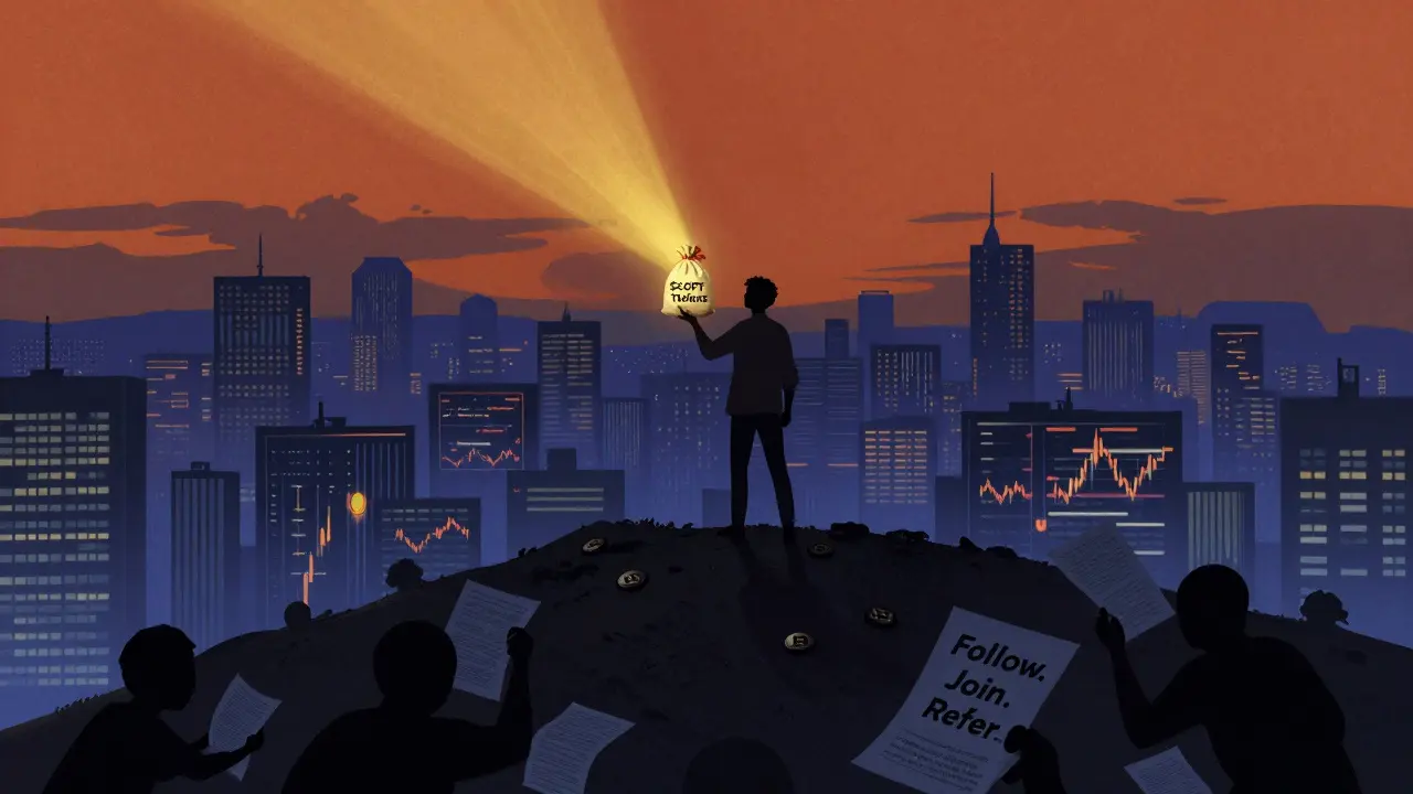 A lone figure holds a pouch of CGPT tokens atop a hill, overlooking a digital crypto city as shadows scramble below.