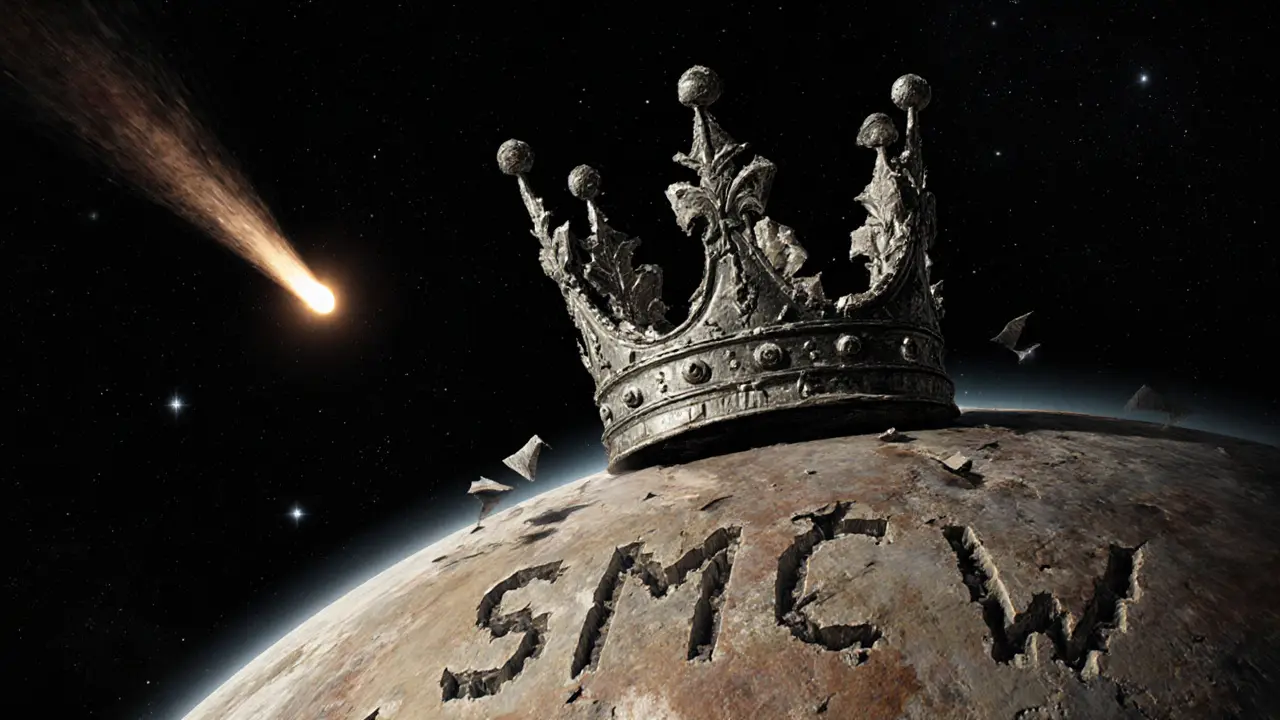 A shattered crown of broken NFT parts drifts through space beside a silent, engraved planet.