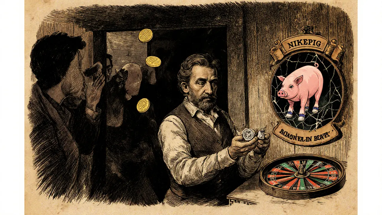 A trader in a saloon holding a meme coin token as shadowy figures gamble around him.