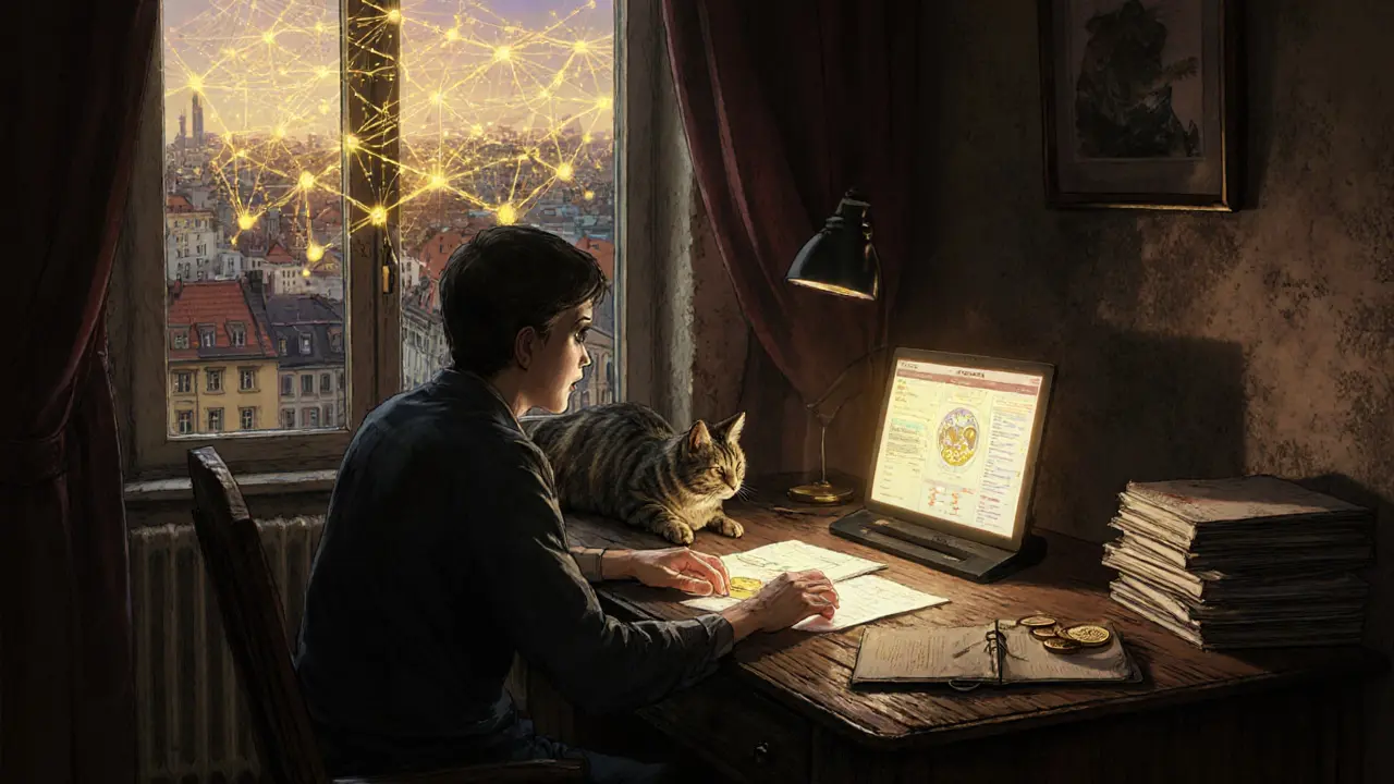 A user stakes VSN tokens at a wooden desk, with a futuristic blockchain glowing softly outside a European window.