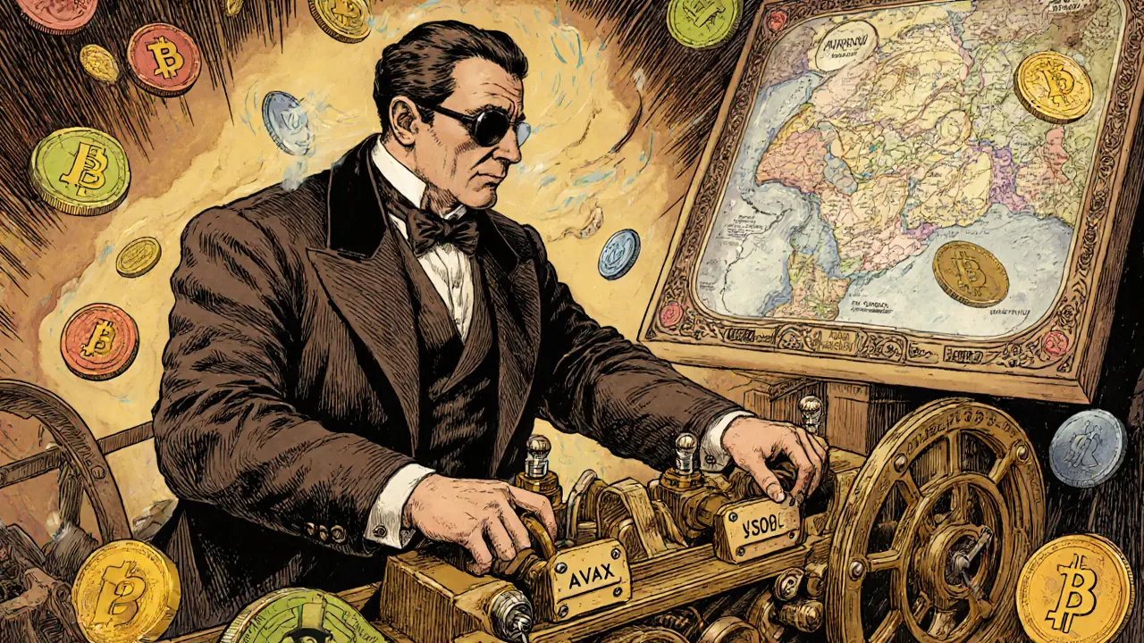 A Victorian-era DeFi user operating a mechanical bridge device with floating tokens and a celestial trading map.