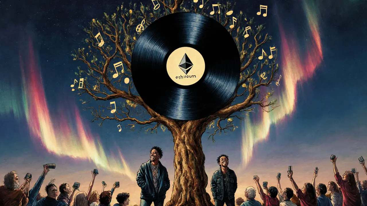 A vinyl record becomes a blockchain tree with musical notes, producers and fans beneath it creating songs.