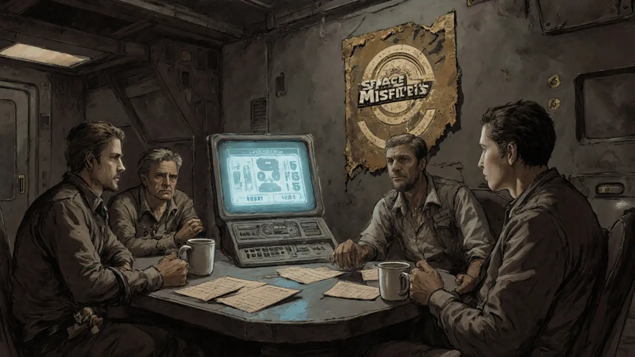 Adventurers stare at a dead token dashboard in a dim space station lounge, surrounded by discarded logs.