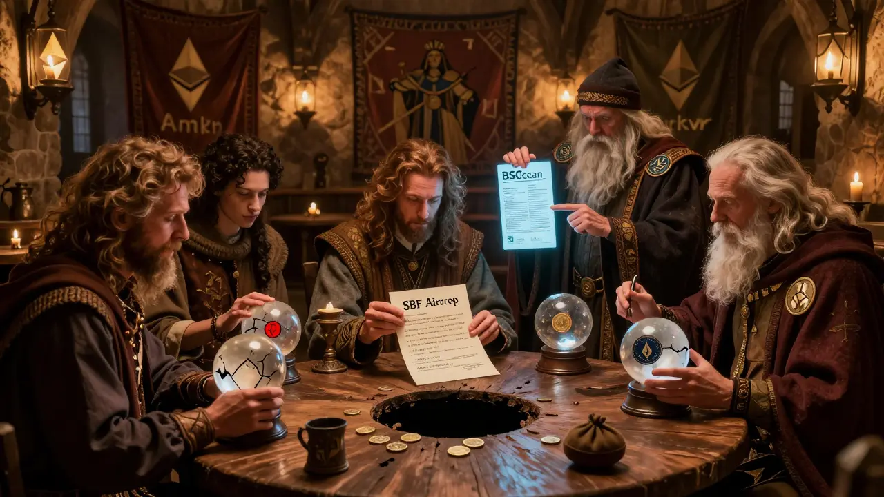 An adventurer signs a fake airdrop parchment while a sage warns him, surrounded by crypto-themed tavern scenes.