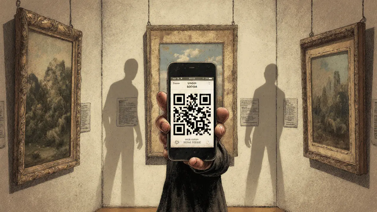 An empty art gallery with one person holding a phone displaying a faded NFT QR code.