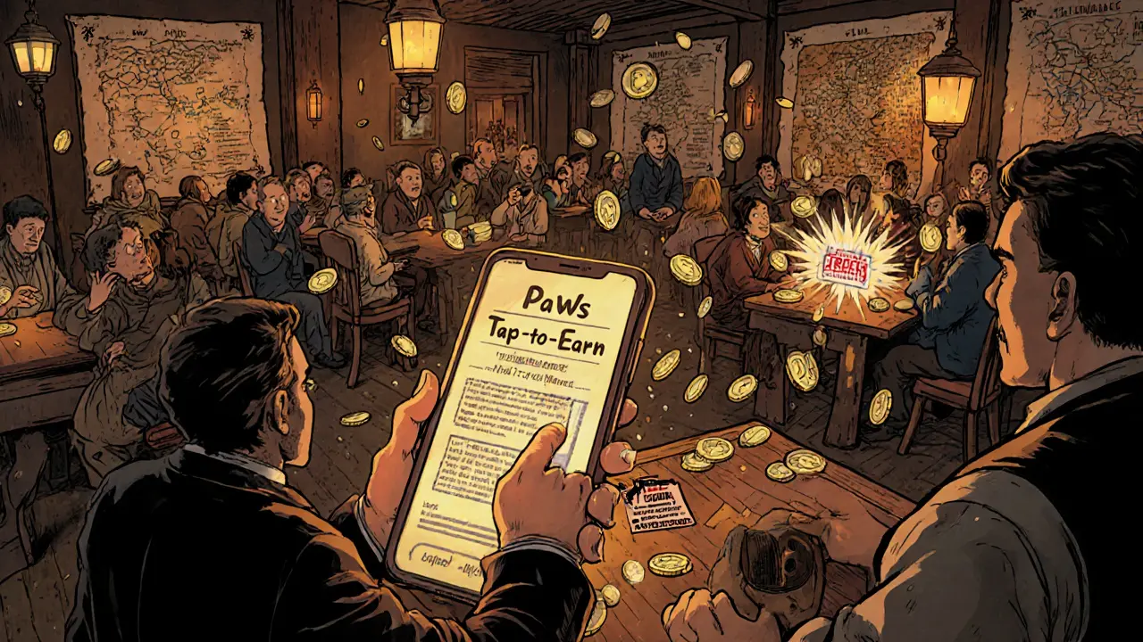 Cartoon users tapping a PAWS app as coins rain down, one clicking a fake BABYDB link that explodes.