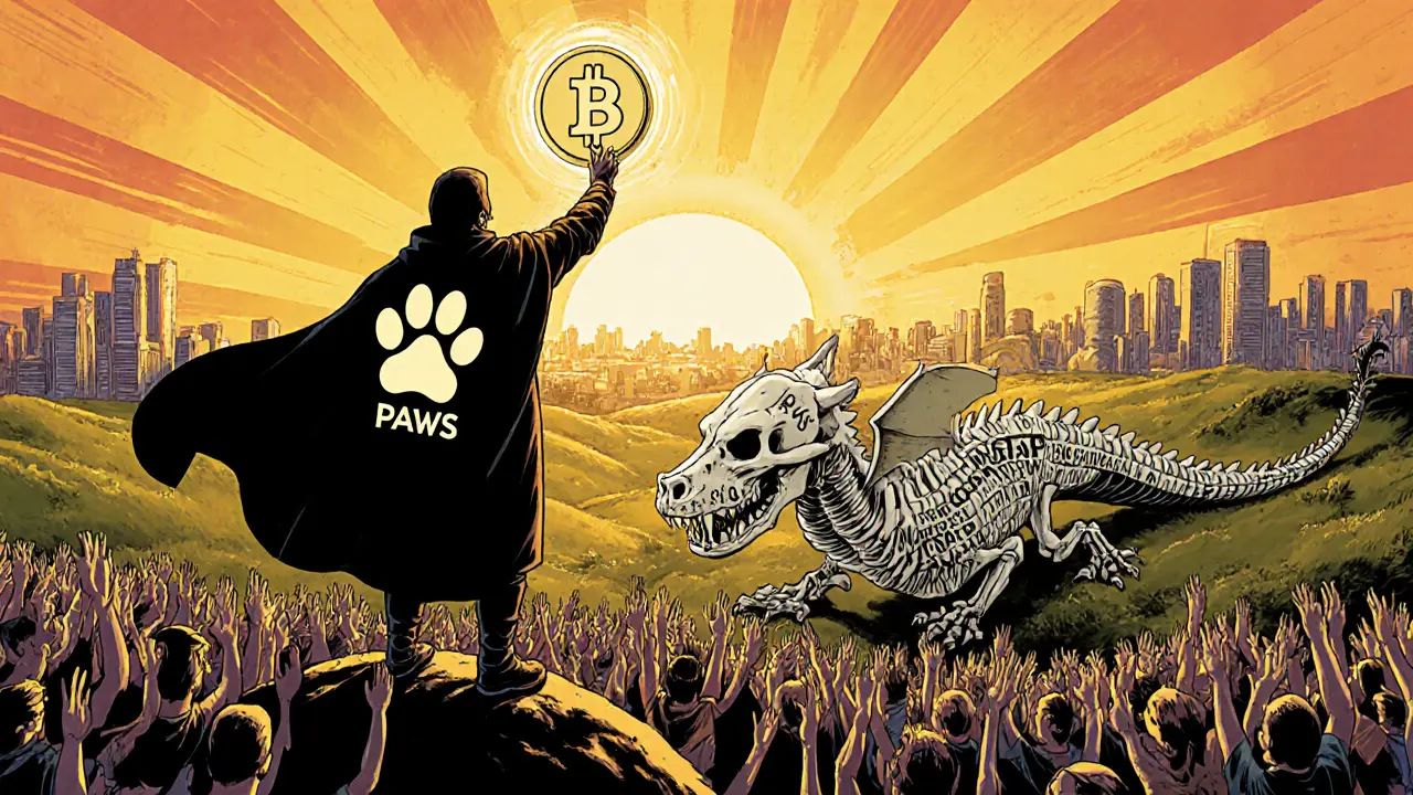 Hero holding PAWS token as crowd cheers, defeated dragon of scams lies below in valley.