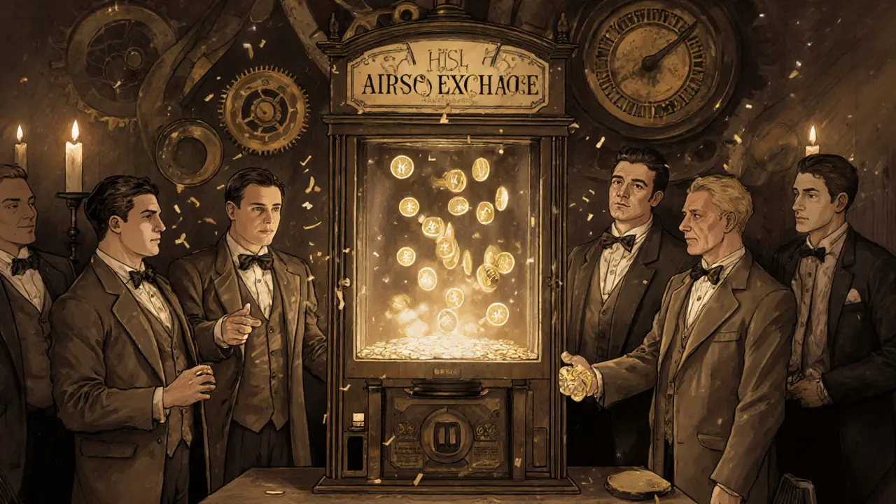 Investors in vintage attire cast MX tokens into a mechanical voting machine as HUSL tokens rain down.