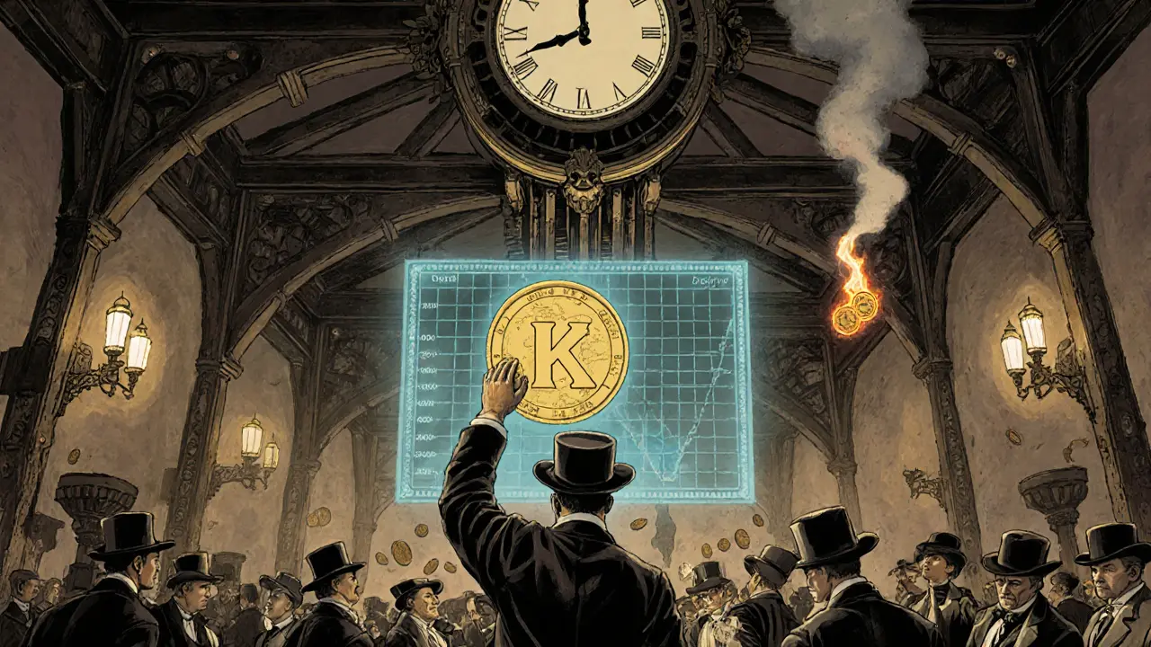 19th-century traders exchange KCS tokens on a bustling floor, as a mechanical clock counts down to daily payouts.