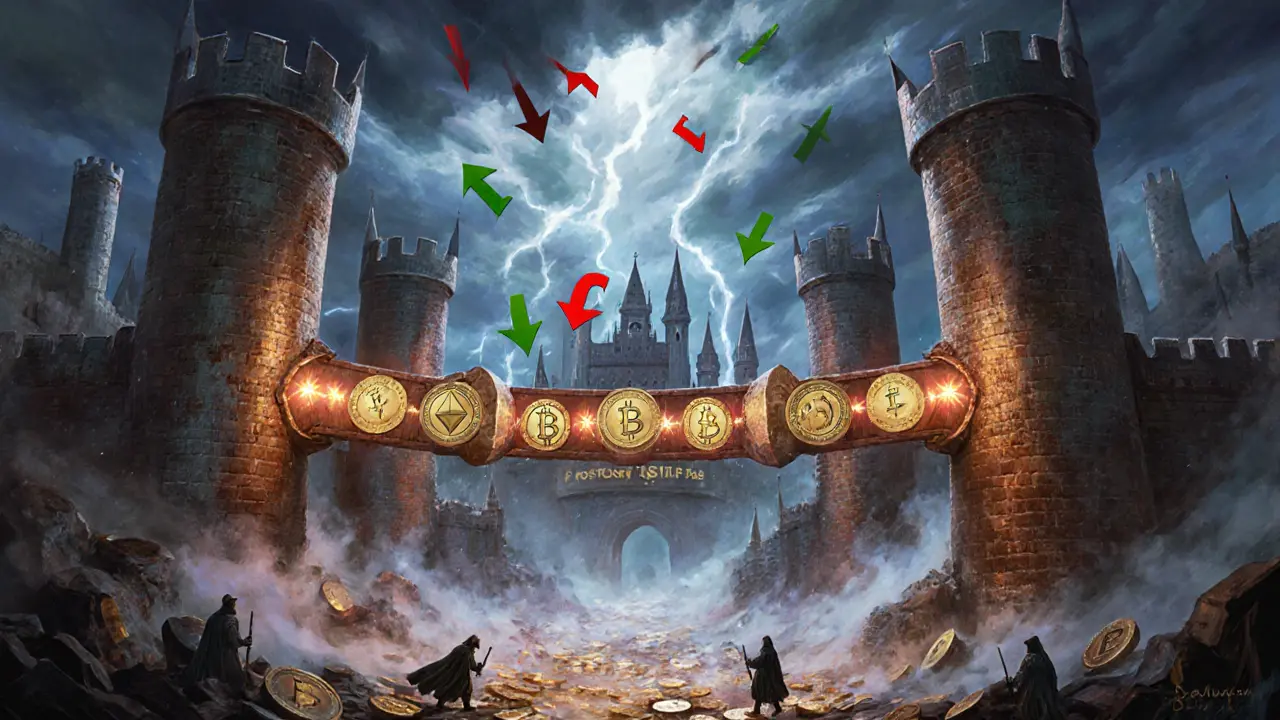 A city of crypto towers connects via RLP bridge to a USR fortress under a storm of price arrows.