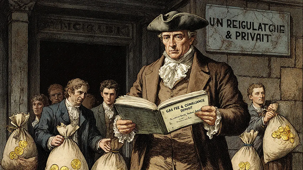 A con artist in vintage clothing takes money from trusting investors, standing before a dark building with a cracked sign about unregulated services.