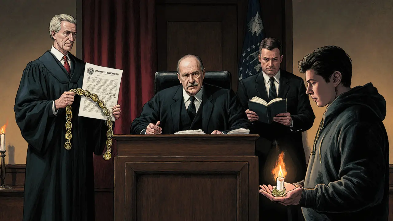 A courtroom scene with SEC, CFTC, and IRS figures confronting a defendant holding a glowing Ethereum coin.