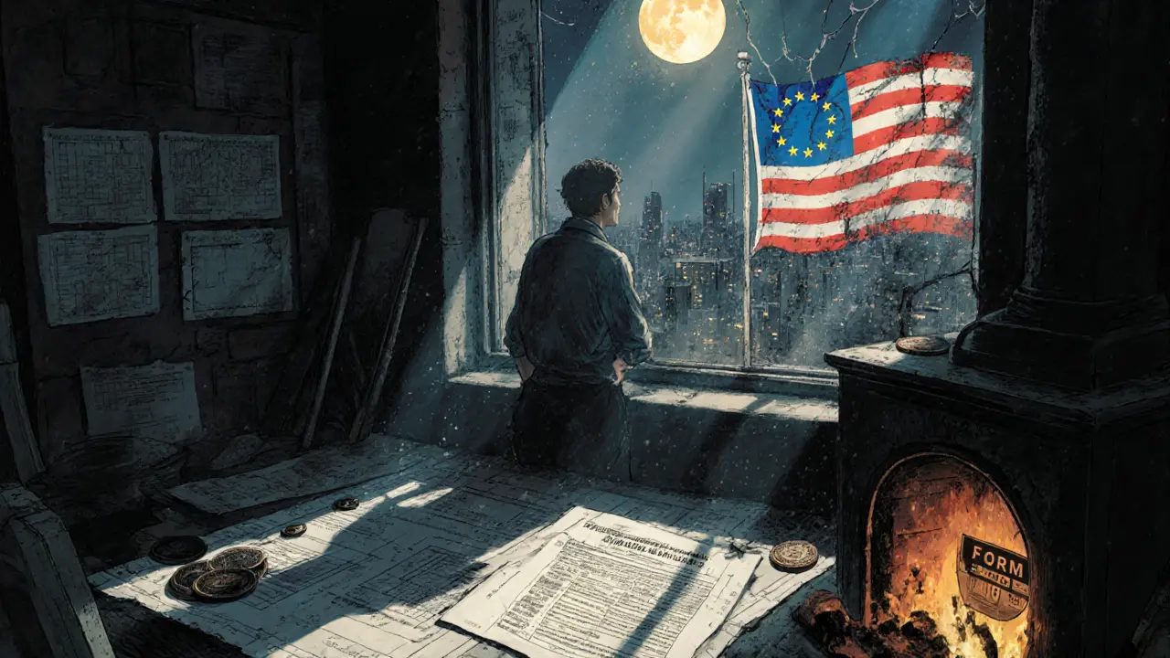 A developer in an attic workshop gazing at a distant EU flag while an American flag crumbles at their feet.