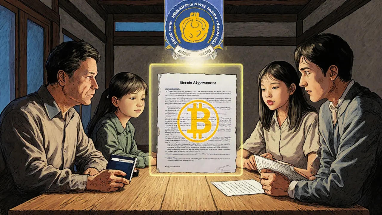 A family reviews crypto finances with clear terms, while Bitcoin appears as a secure long-term savings asset.