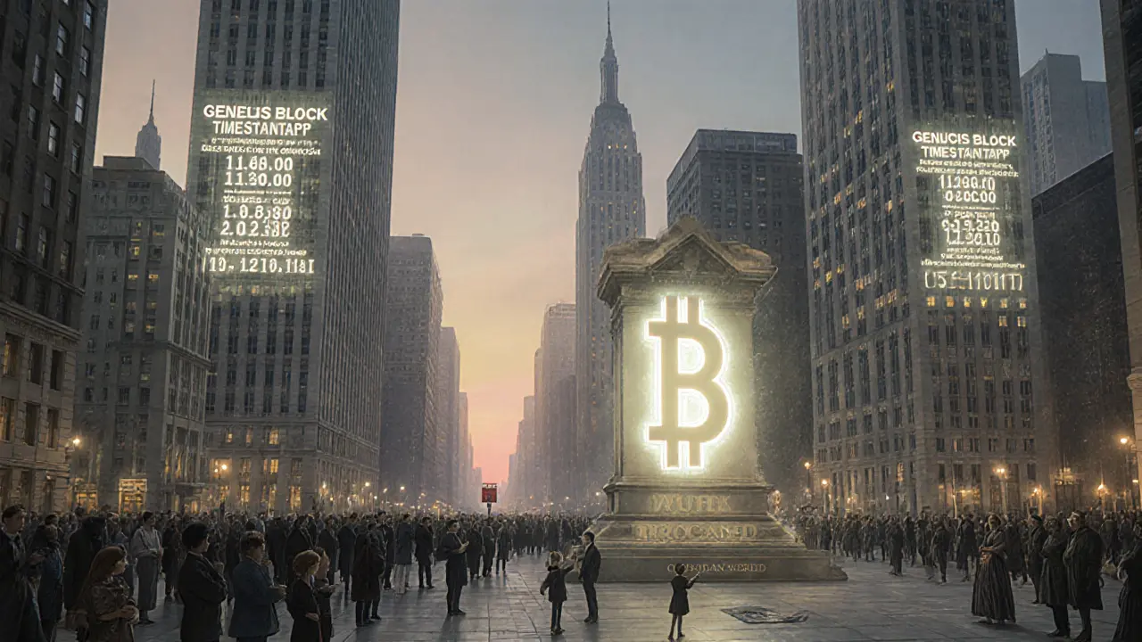 A futuristic city at dawn displays the genesis block timestamp on holograms, while citizens reverence a blockchain-shaped monument in the square.