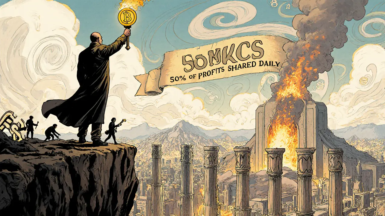 A heroic figure raises a KCS token on a cliff, powering blockchain nodes below while tokens burn in the distance.