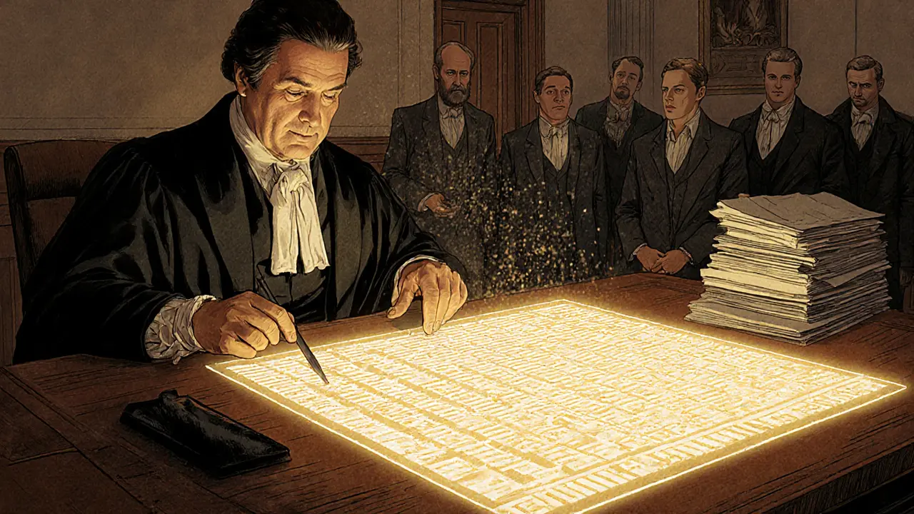 A judge examines a glowing blockchain ledger while traditional real estate agents watch in disbelief.