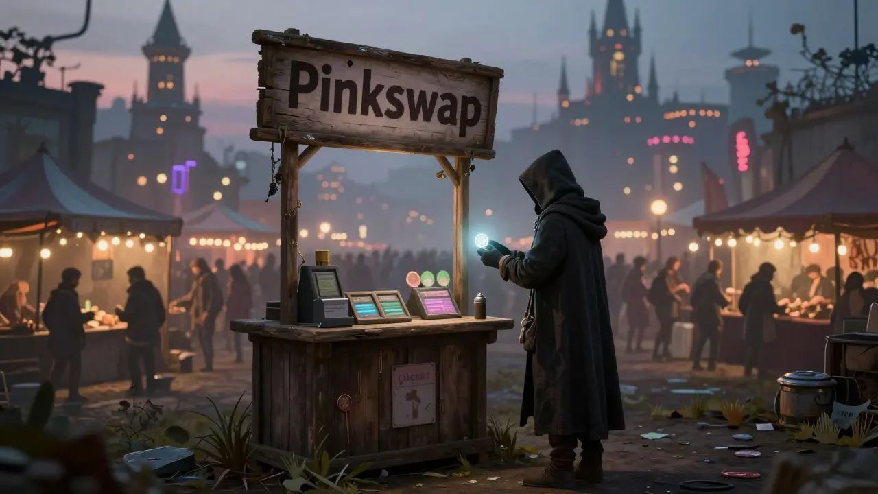 A lone figure at a deserted PinkSwap kiosk, while larger exchanges glow on the distant horizon.