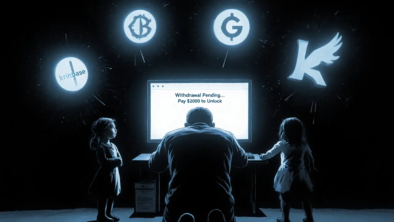 A man kneels before a computer screen demanding payment to withdraw funds, while family looks on in sorrow and trusted exchanges glow faintly in the shadows.