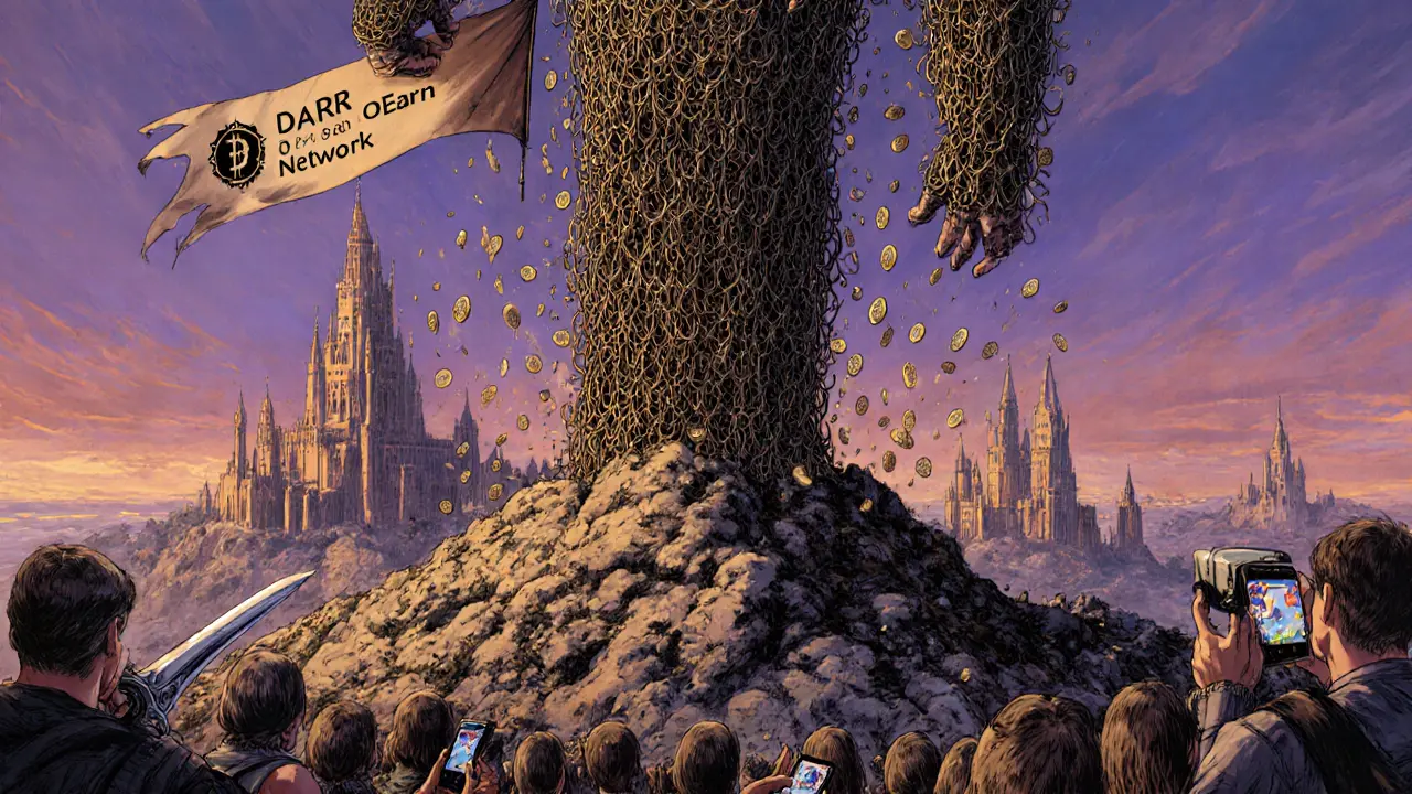 A massive blockchain colossus raining D tokens onto players below in a mythical gaming landscape.