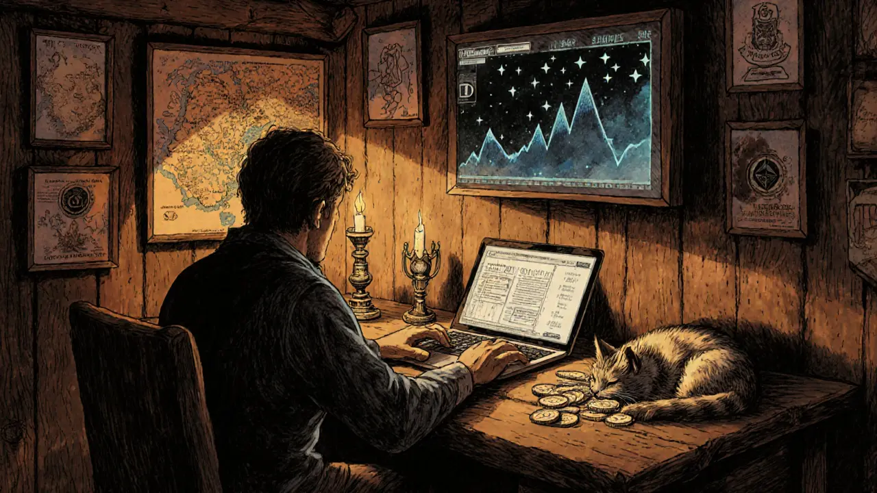 A player at a wooden desk with a glowing wallet dashboard and NFT trophies on the wall.