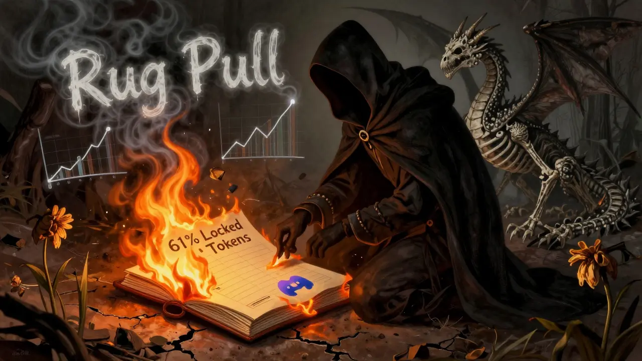A shadowy figure burns a ledger labeled &#039;61% Locked Tokens&#039; as crypto charts fade into smoke.