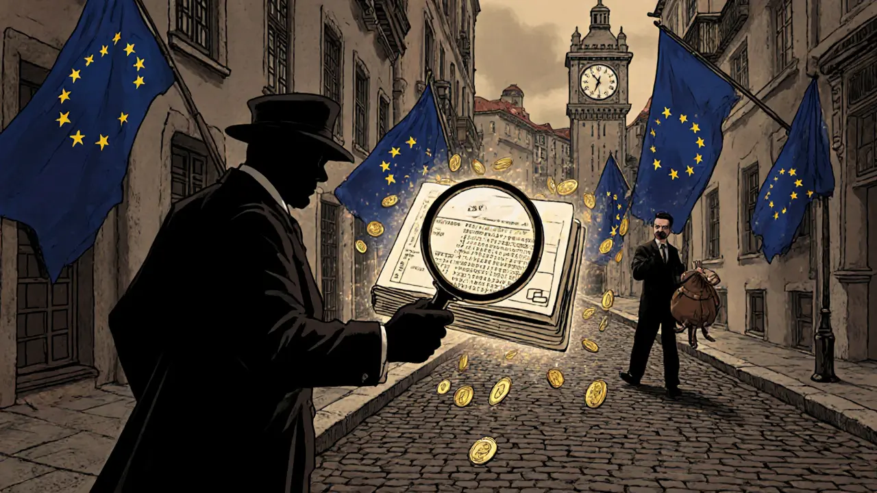 A shadowy tax inspector examining a glowing crypto ledger on Lisbon streets as an investor walks away confidently toward 2026.