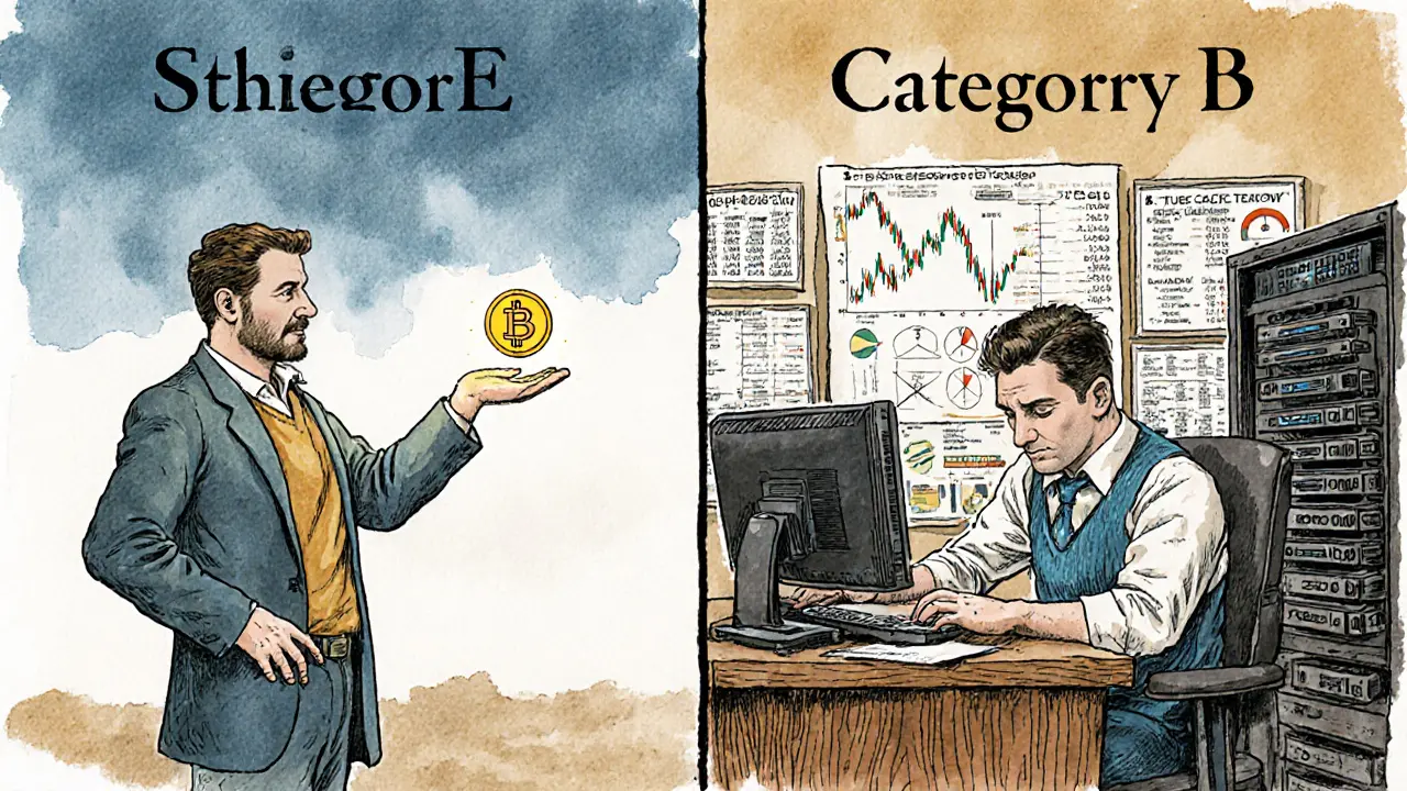 A split scene showing a calm staker and a busy trader under the same Portuguese sky, representing different crypto tax categories.