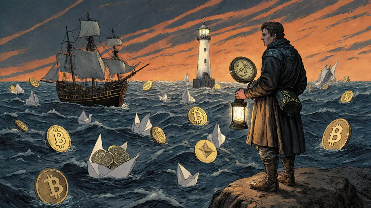 A traveler on a cliff holds a DCA compass and stablecoin lantern amid stormy waves of crypto coins.