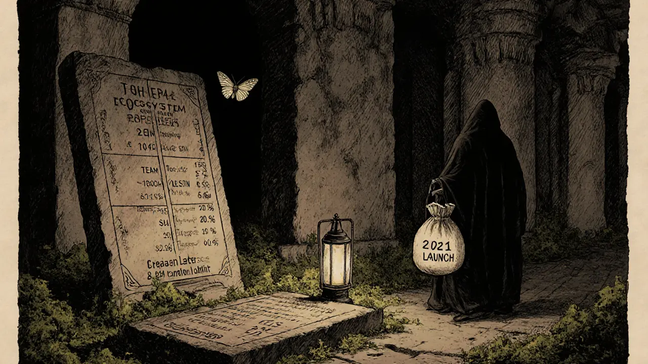 An abandoned temple with token allocation tablets, a moth flying toward a fading lantern labeled &#039;2021 Launch&#039;.