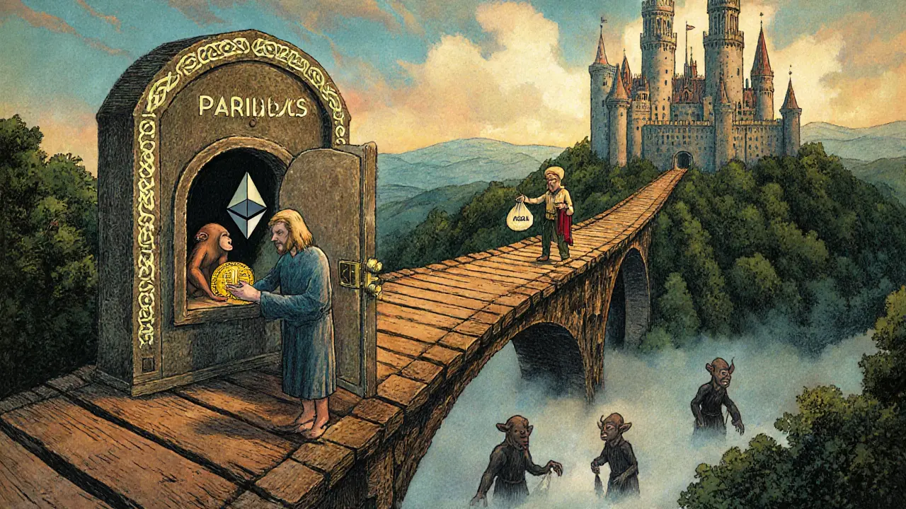 An ancient wooden bridge connects digital castles as a user exchanges an NFT for cross-chain tokens.