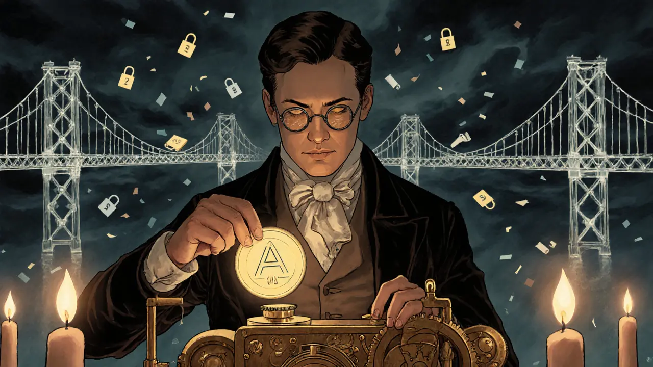 An engineer in period clothing inserts an ARPA token into a brass computational machine, with digital bridges glowing behind.